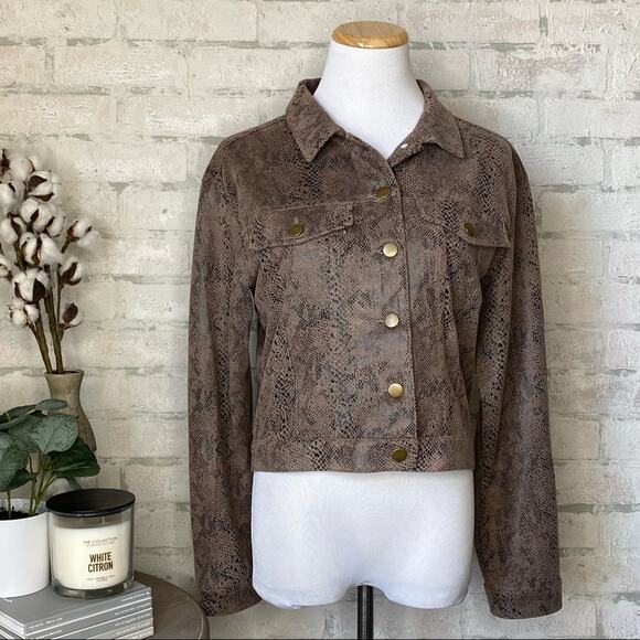 Fate | Brown Snakeskin Faux Suede Cropped Jacket - Picture 3 of 7